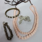 Trifari Ribbon Pin And Pink Bead Necklace And Rhinestone Bracelet