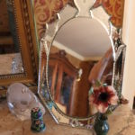 Vanity Table Venetian Mirror, Jay Stongwater Floral Vase, Cloissene Toothpick Holder, Glass Bear