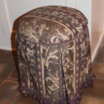 Small Print Ottoman With Pleated Fabric With Lavender Piping & Fringe