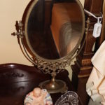 Large Vanity Brass-look Mirror, Buddah Figurine And Etched Tray