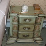 2 Green Stenciled Nightstands + Wedgwood Porcelain Clock And Small Wood Box