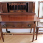 Vintage Mahogany Finish Wood Secretary Desk With Inlay And Tambour Sliding Doors & Pegged Wood Chair