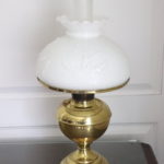 Bradley And Hubbard Brass Hurricane Lamp With Eagle Embossed Glass, Turn Of The Century