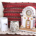 Chalkware Watch Holder, Wood & Sons Mugs With Hand Woven Pillow