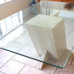 Large Abstract Beveled Glass Table Travertine Marble Style Base