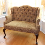 Custom Tufted Back Loveseat With Gold Print Fabric And Studding