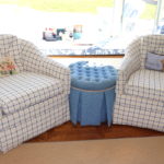 Pair Of Blue And White/Cream Swivel Chairs And Blue Hassock