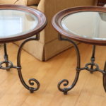 Pair Of Ethan Allen 30" Round Beveled Glass Tables With Curved Metal Base