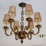 6 Arm Brass Chandelier 1940's Style With Silk Shades