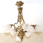 Gorgeous 6 Arm Floral Bronze Art Nouveau Chandelier With Frosted Glass
