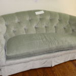 Curved Custom Tufted-back Sofa, Sea-foam Green Velvet