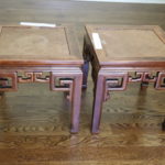 Pair Small Vintage Asian Teakwood Side Tables With Rattan Tops