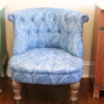2 Cottage Style Cabinets & Small Tufted Paisley Blue Chair