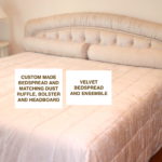King Size Bed With Custom-made Velvet Design Headboard, Coverlet, Dust Ruffle/Bedskirt, 2 Bolster