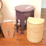 Purple Painted Octagonal Moorish Table, Wood Painted Waste Basket & Rattan Hamper