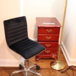 Chrome Office Chair, Brass Floor Lamp, Wood File Cabinet With 2 Drawers