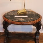 Antique Side Table With Carved Eagles And Marble Top & Small Brass Desk Lamp