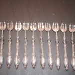 Set Of 12 Appetizer Forks With Ornate Detail And Sterling Silver Handles