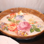 McKenzie Childs Unused, Floral Tray With Wicker Frame