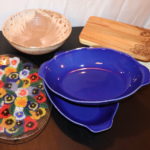 2 Blue Ceramic Cookware, Glass Tray, Ceramic Bowl, Enamel Dansk Cookware & Chopping Board