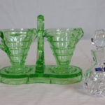 3 Piece Green Depression Glass Cruet Set Or Milk/Sugar And Waterford Perfume Bottle