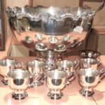 Silver Plate Punch Bowl, Ladle And 7 Cups With Handles & 1 Sugar Bowl