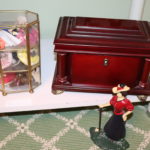 Wood Jewelry Box, Door Stop Woman With Brimmed Hat, And Small Display Case And Other Fun Miniature Item