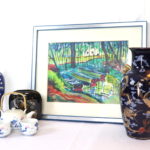 Bright Boat WaterColor By FD. Wilmer With Vases & Tea Set