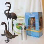 Assorted Lot With Movado Clock And Metal Flamingos