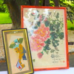 Signed Asian Floral Water Color With Stamp And Lady With Umbrella