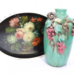 Floral Handpainted Inlay Tray With Bone Detail And 15" Ceramic Vase Jar