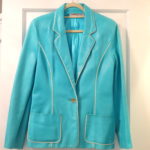 Carolina Herrera Turquoise Leather Jacket With White Piping And 3 Buttons On Sleeves. Size 10