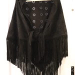 Woman's Fab Black Leather Fringed Shawl With Floral Cut-Outs