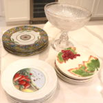 Grouping Of Serving Pieces Includes Pedestal Crystal Bowl, Metal Plates, Fruit Plates