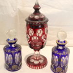 2 Cobalt Blue Glass Perfume Bottles With Stoppers & Cranberry Glass Compote