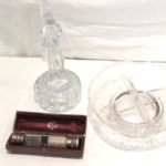 Travel Silverplate Set With Silver Top In Leather Case, Glass Frog Of Nude Female, Etched Candy Dish, Sterling