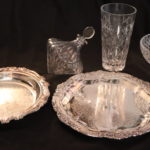 Silver Plate Trays With Ornament Shape Decanter And Prauge Crystal Bowl