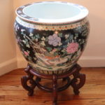 Large Asian Floral Goldfish Pot With Stamp And Wood Pedestal