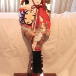 Asian Doll With Cultural Dress On Wood Stand Hand Painted And Stamped On Back