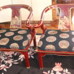 Pair Of Asian Style Curved Back Chairs With Brass Detail And Hand Painted Splat