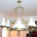 Large Brass Gaslight Chandelier With Hurricane Style Glass Domes And Orange Dragon Design