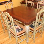 Dark Wood Dining Table With 6 Rattan Style Chairs And Extendable Leaf