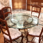 42" Round Glass Table On Metal Base With Wood Chairs