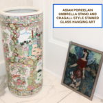Asian Porcelain Umbrella Stand And Chagall Style Stained Glass Hanging Art
