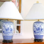 Pair Of Blue Asian Style Porcelain Lamps On Pedestals