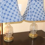 Set Of Floral Etched Glass Lamps With Brass Finish Base And Decorative Blue Shades