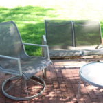 Set Of Woodard Outdoor Furniture Includes 2 Swivel Chairs, Bench, And Table