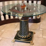 43" Round Beveled Glass Table With Leaf Etching Design And Metal Detail