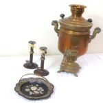 Vintage Brass Electric Samovar, Mother Of Pearl Tray And Candlesticks