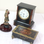 Small Vintage Asian Style Desk Clock With Tin Box And Carved Figure